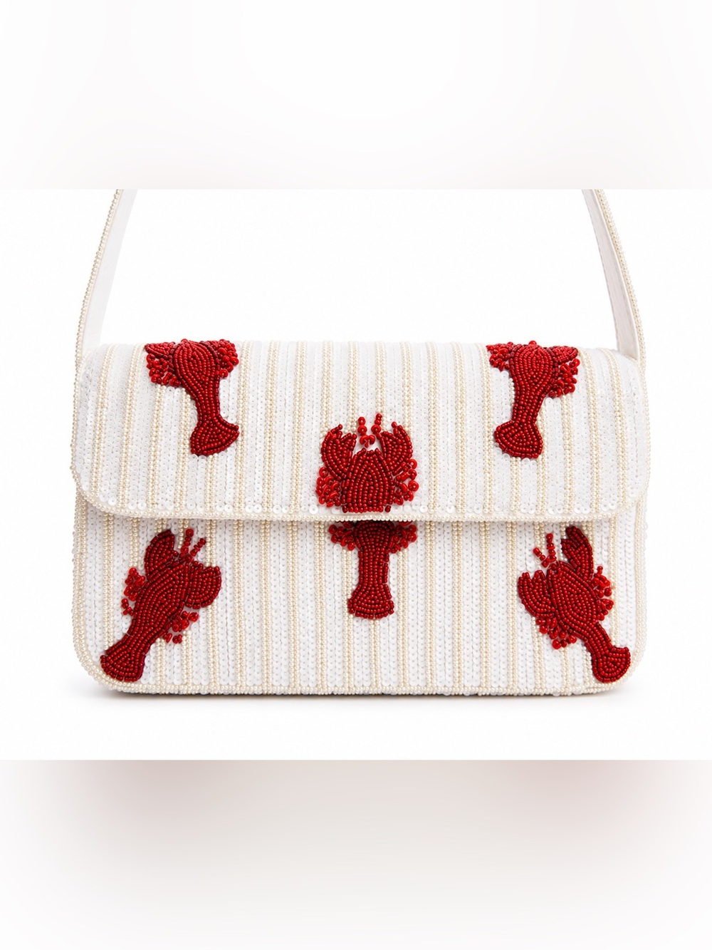 Beaded White Shoulder Bag with Red Lobster Motif